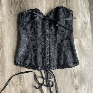 Women's The Black Feline Corset Black Metal Steel Boned Large Lace Ruffle Witchy